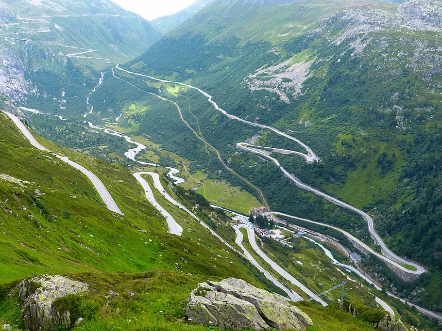 aerial photography of road near mountain, grimsel pass, pass road, HD wallpaper
