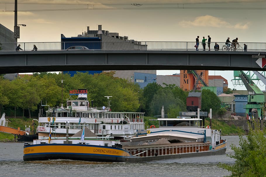mannheim, neckar, bridge, ship, water, nautical vessel, transportation HD wallpaper