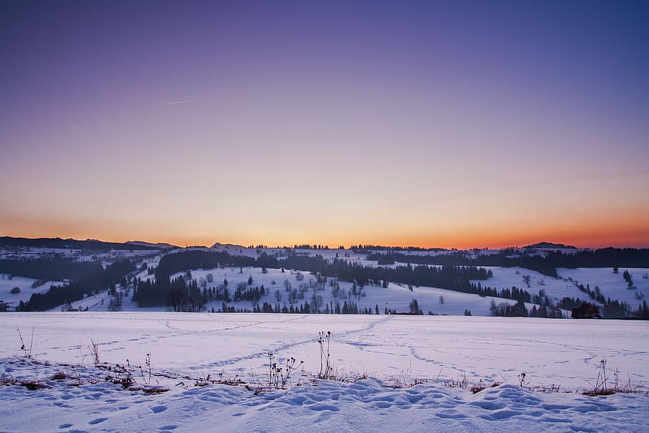 snow field during sunset, mountains during winter season, nature HD wallpaper