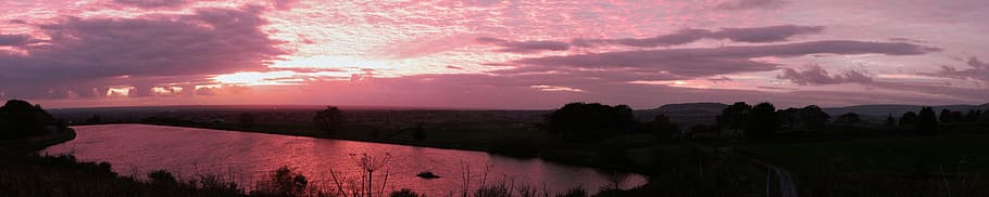 sunset, nature, panoramic, wide, reflection, warm, water, clouds HD wallpaper