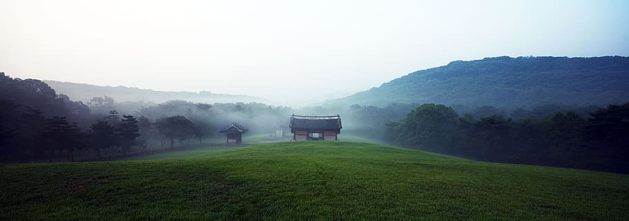 shrine on field, house, sky, cloudy, korea, fog, environment HD wallpaper