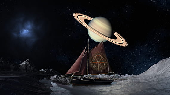 boat near Saturn plant wallpaper, ship, balance, stars, magic HD wallpaper