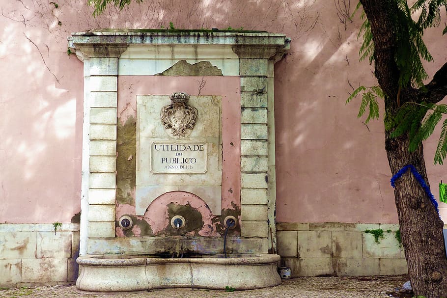 fountain, architecture, gargoyle, old, portugal, lisbon, built structure HD wallpaper