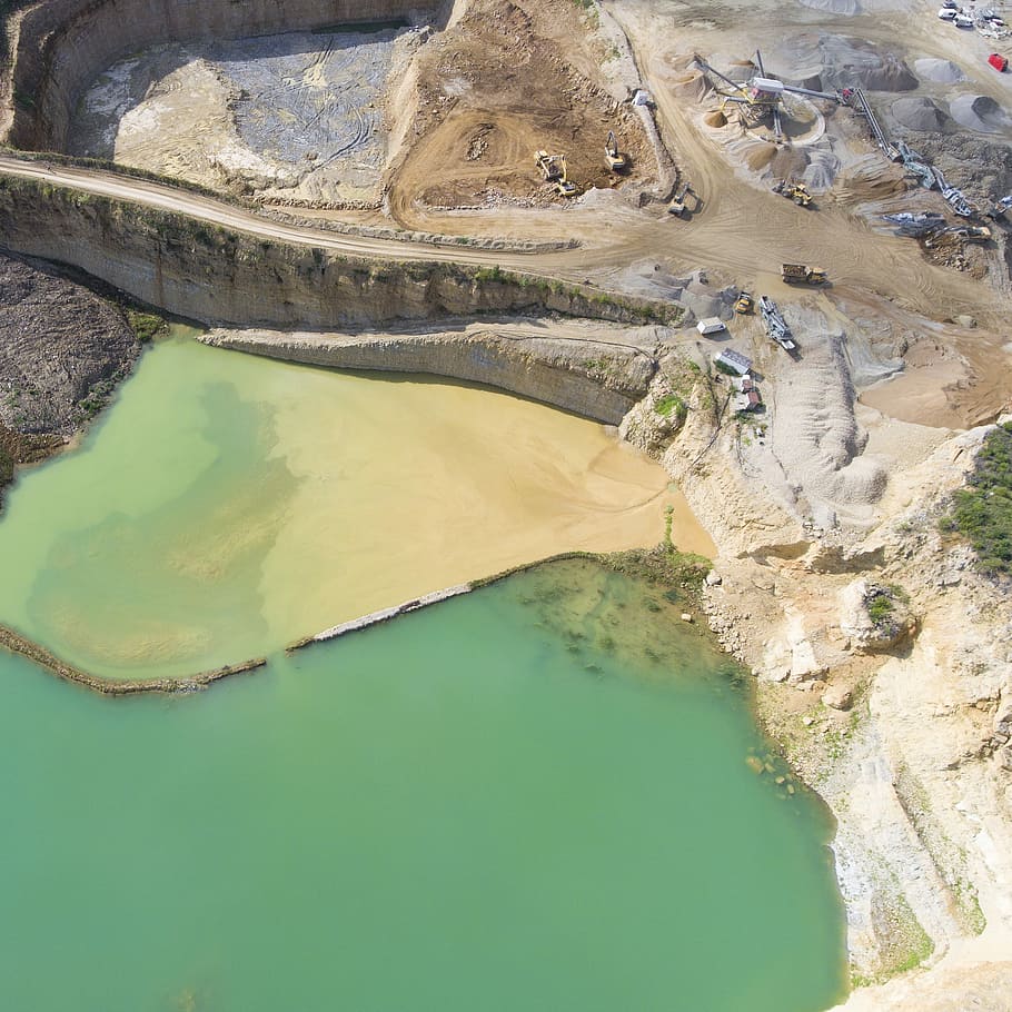 aerial photography of seashore, aerial of mining area, mine, bedrock HD wallpaper
