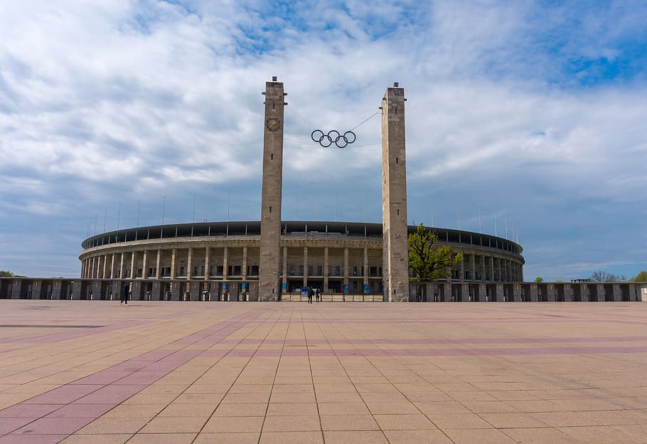architecture, berlin olympic stadium, fussballstadtion, olympic rings, HD wallpaper