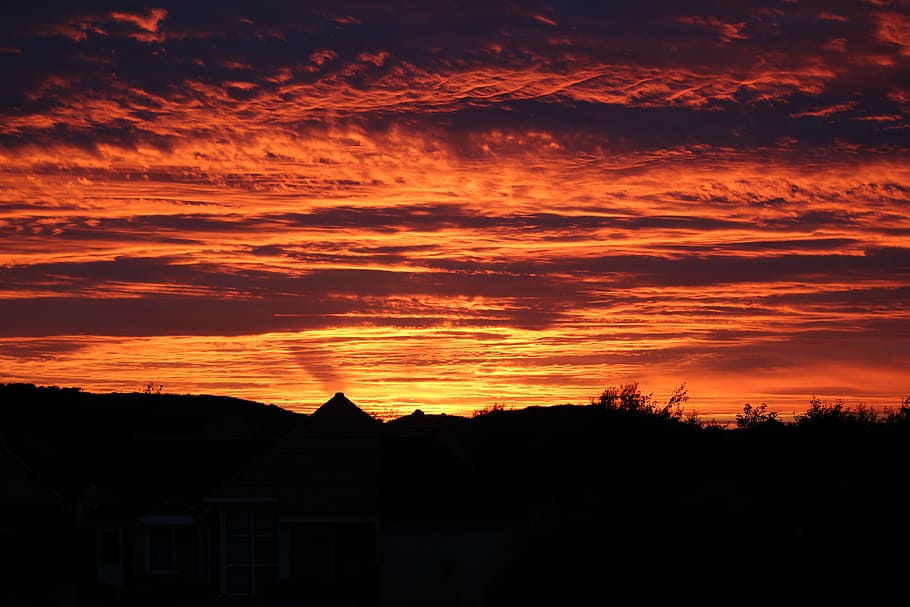 afterglow, sunset, abendstimmung, clouds, silhouette, orange color HD wallpaper