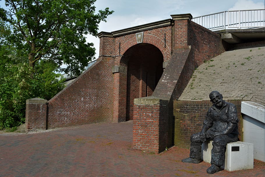 delfzijl, great waterpoort, figure, old man on a stone, sculpture, HD wallpaper