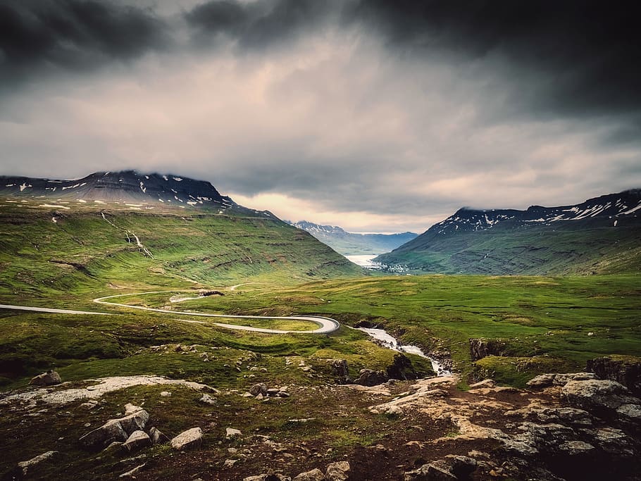 iceland, sunset, dusk, clouds, sky, landscape, mountains, stream HD wallpaper