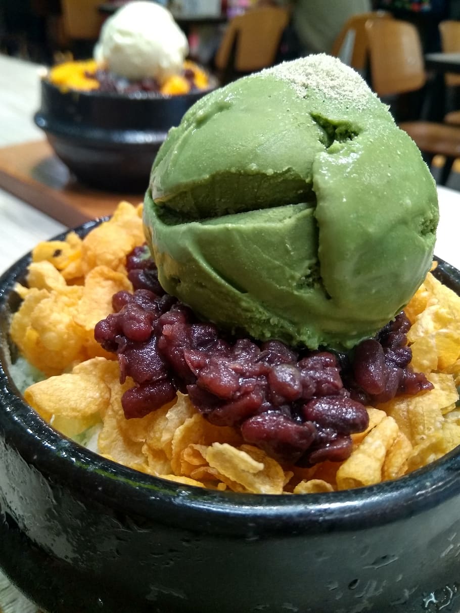 ice, matcha, korean dessert, fresh, corn matcha, corna flakes, HD wallpaper