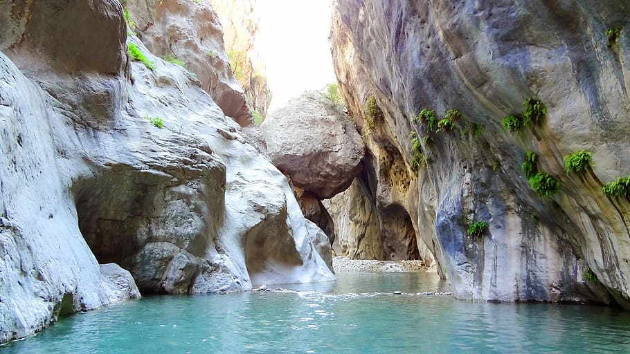 body of water near rock formations, canyon, turkey, goynuk, kemer, HD wallpaper