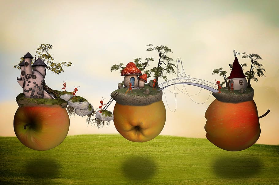 three apples house illustration, apple world, fantasy, surreal