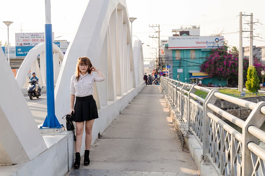 woman standing on white bridge, girl, beautiful, style, fashion, HD wallpaper