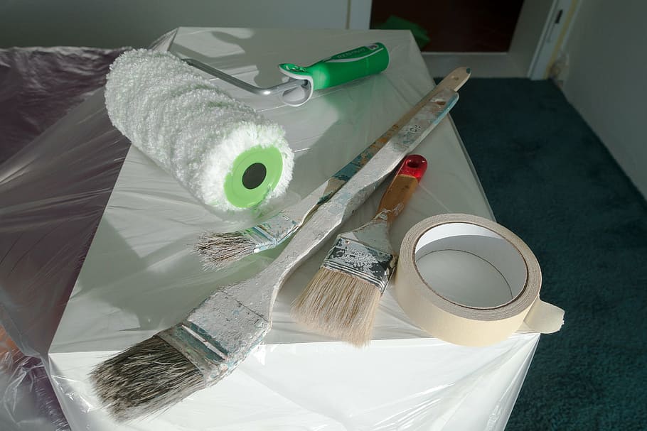 painting tools on white wooden table, brush, roll, painter HD wallpaper