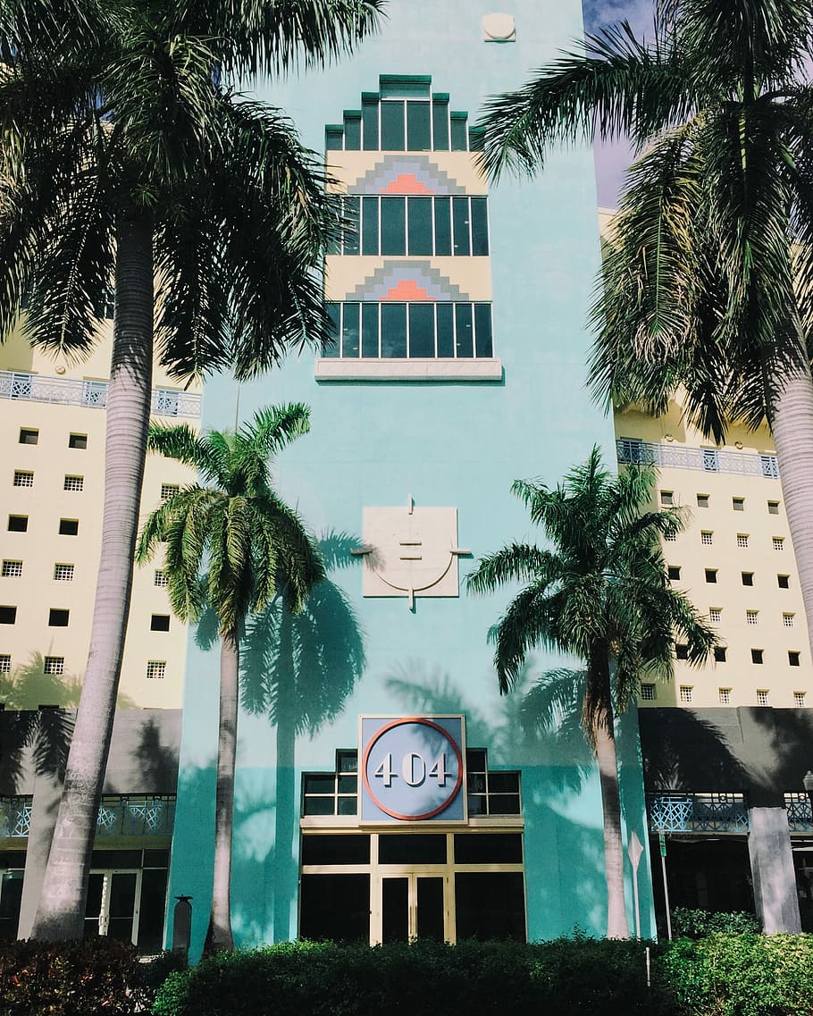 blue 404 concrete building with coconut trees in frontt, teal 404 building beside palm trees during daytime, HD wallpaper