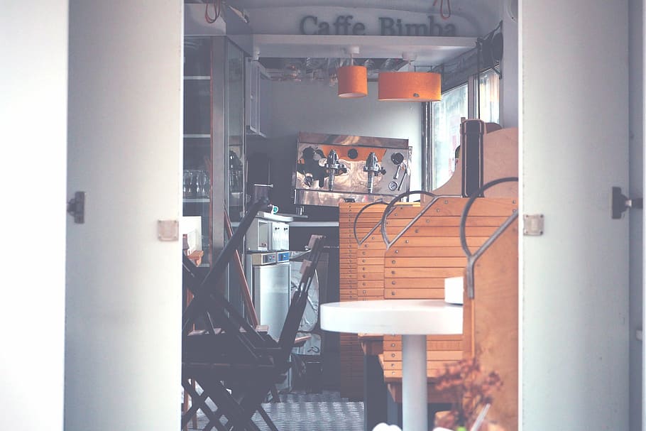 architecture, bar, business, caffe bimba, chair, daylight, door, HD wallpaper