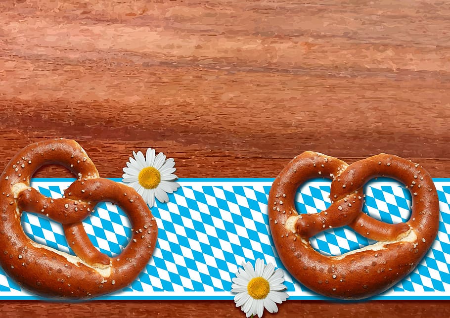 two pretzels, oktoberfest, poster, munich, bavaria, band, argyle pattern, HD wallpaper