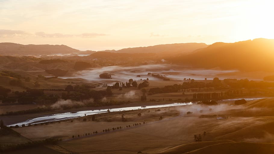 aerial photography of body of water between field during golden hour, aerial view photography of river during sunset HD wallpaper