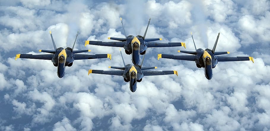 four black jet planes, blue angels, navy, precision, training