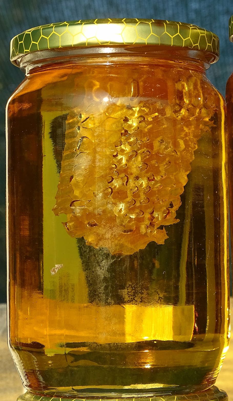 clear glass jar containing honey, honey jar, honeycomb, food, HD wallpaper