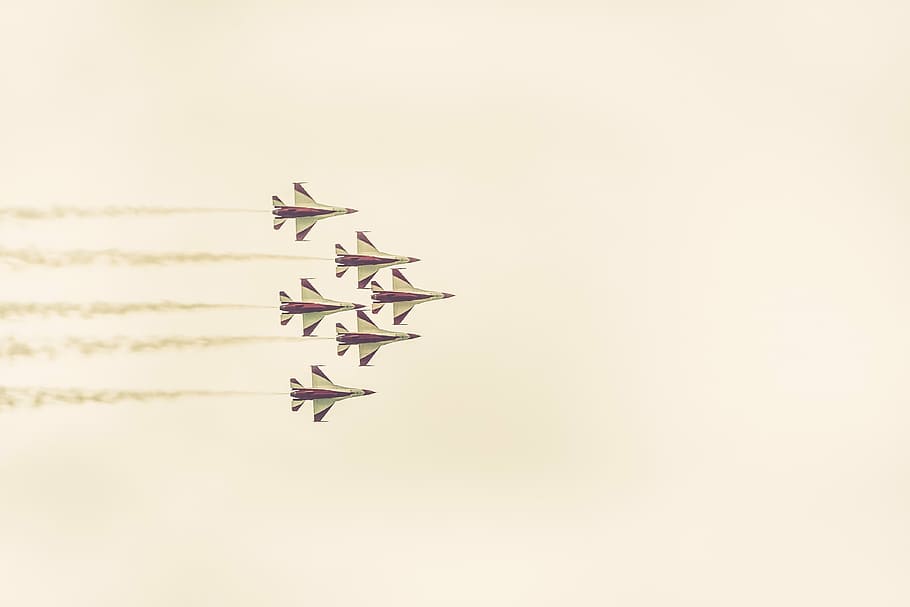 airplanes, five, jetplane, illustration, jets, contrails, smoke