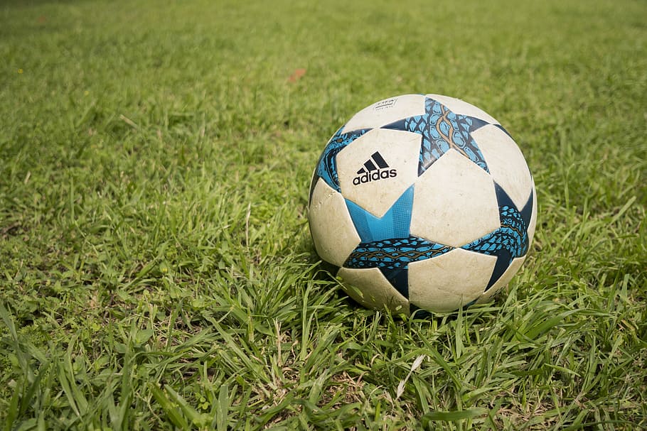 white and blue Adidas soccer ball on grass field, sport, football