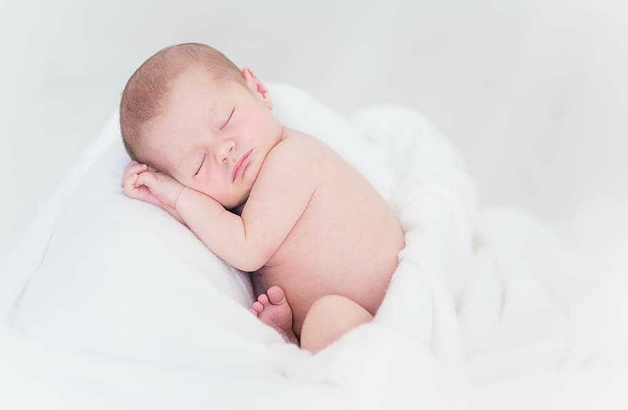 baby sleeping on white blanket, birth, new born, bed, child, cute, HD wallpaper