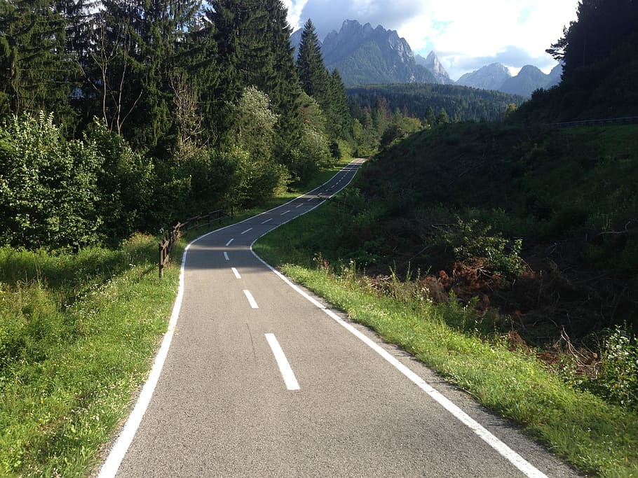 empty road pavement photography, bicycle path, forest, mountains HD wallpaper