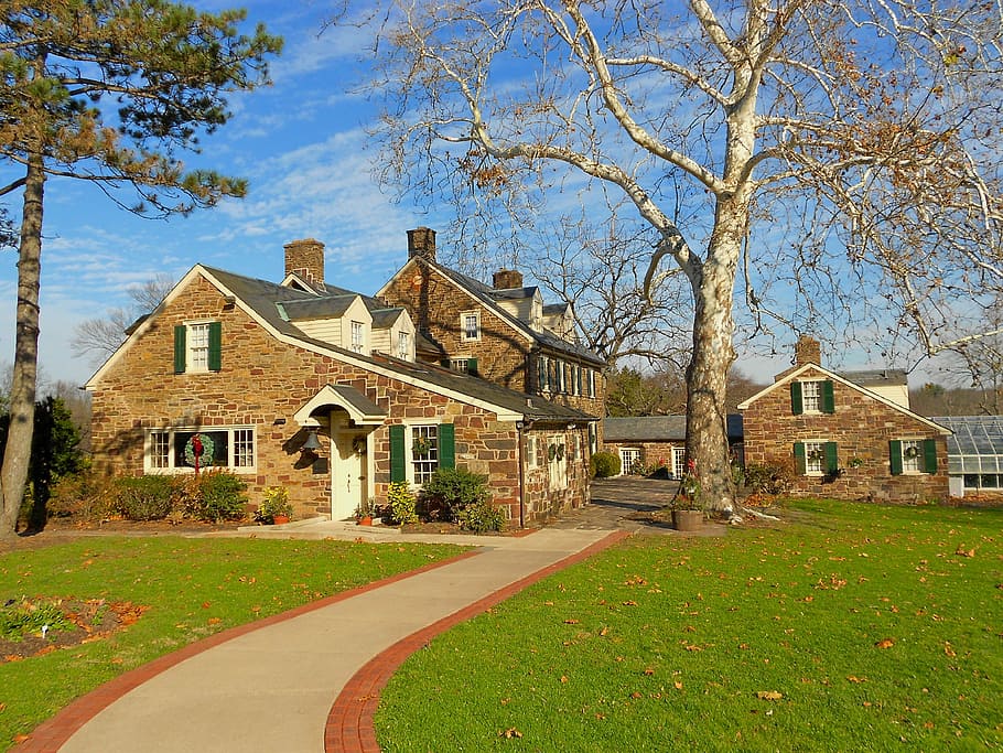 footpath leading to brown brick house, home, sky, clouds, pearl s buck HD wallpaper