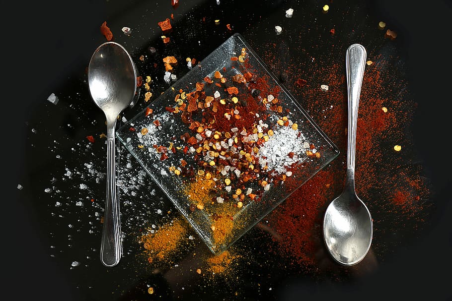two silver spoons on table, two silver spoons with spices, powder HD wallpaper