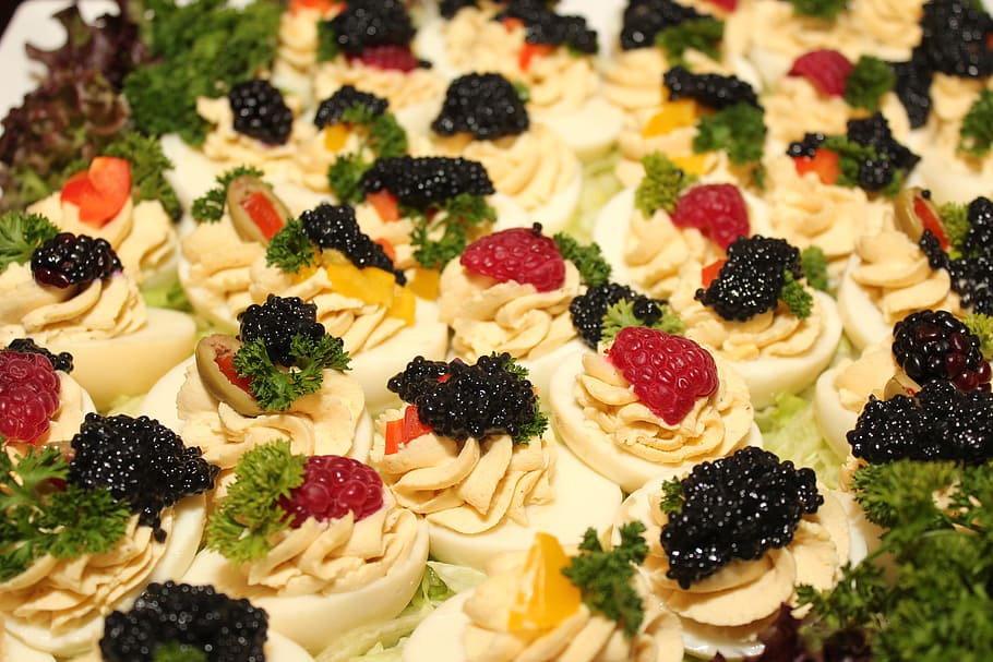raspberries and blackberries, caviar, egg, buffet, cold buffet HD wallpaper