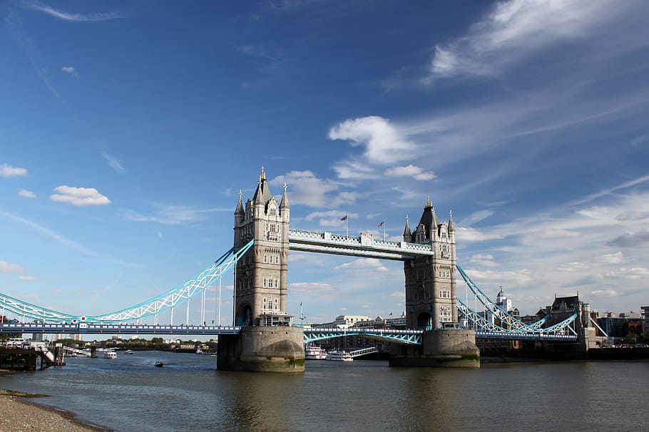 blue full-suspension bridge, thames, river, water, reflection HD wallpaper