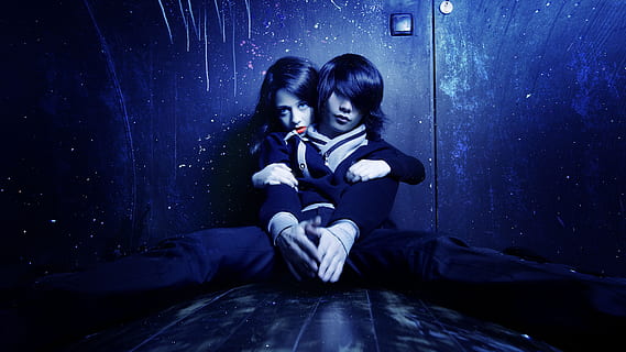black haired man in front of woman, bite, a vampire, couple HD wallpaper