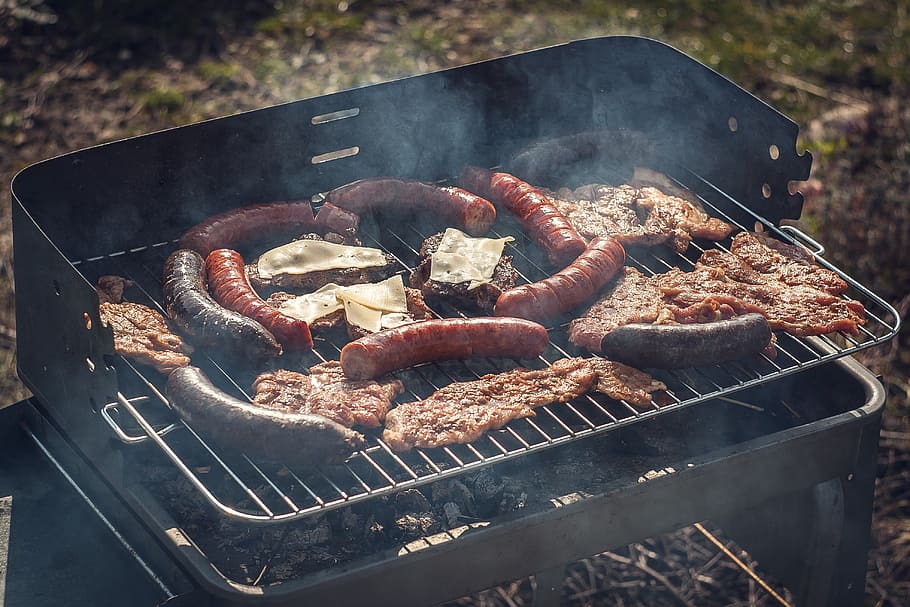 meats on top of charcoal grill, spring, holiday, summer, sunny day HD wallpaper