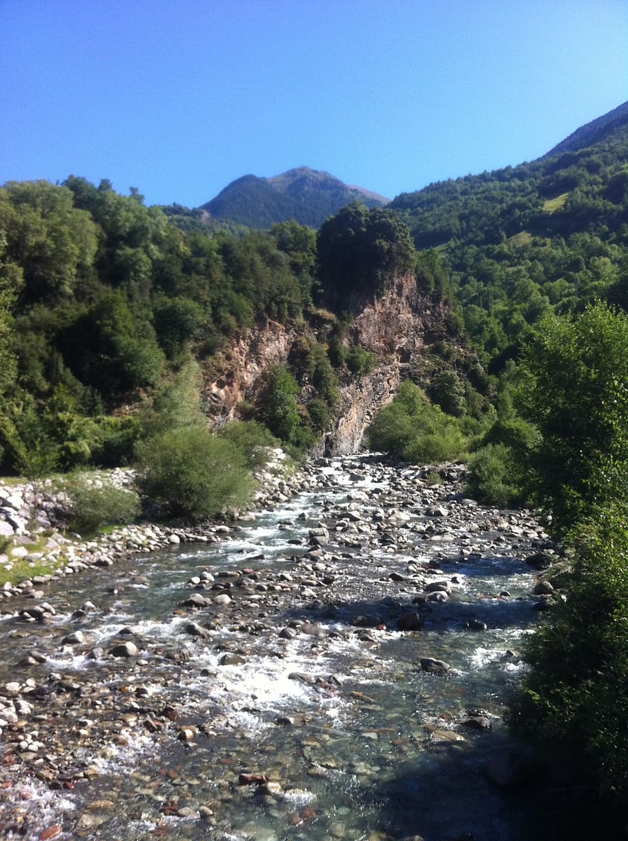 pyrenees, river, nature, landscape, mountains, trees, forest HD wallpaper