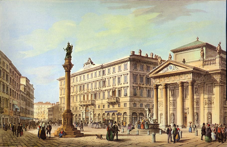 The Stock Exchange Square in 1854 in Trieste, Italy, building, HD wallpaper