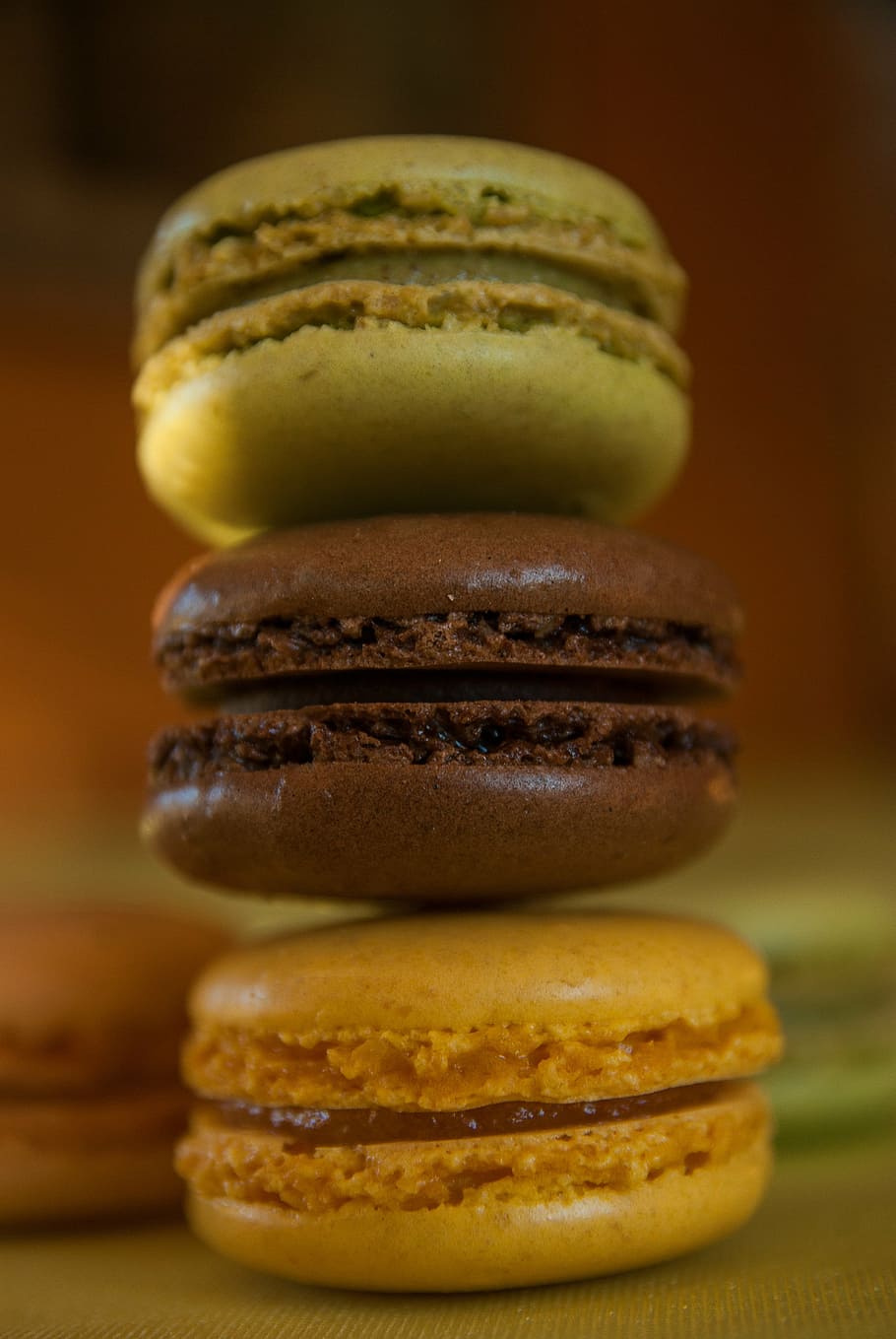 three pile of macaroons, cakes, pastry, biscuits, food and drink HD wallpaper