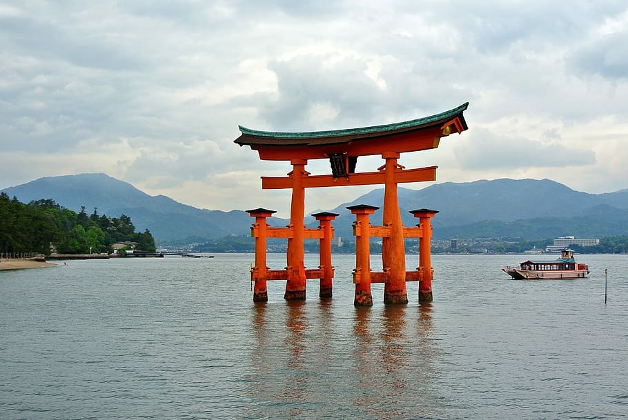 Miyajima, Gate, Tori, cloud - sky, architecture, religion, waterfront HD wallpaper