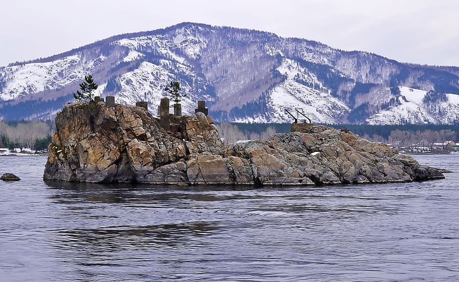 mountain, nature, island, object, snow, rock, river, landscape HD wallpaper