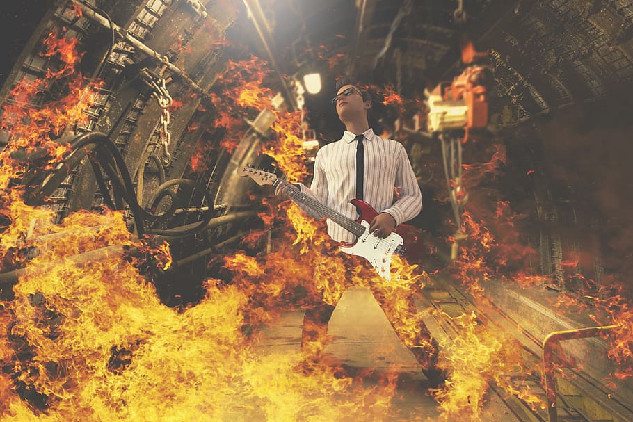 guitarist, fire, rock, hard rock, guitar player, hot, burn, HD wallpaper