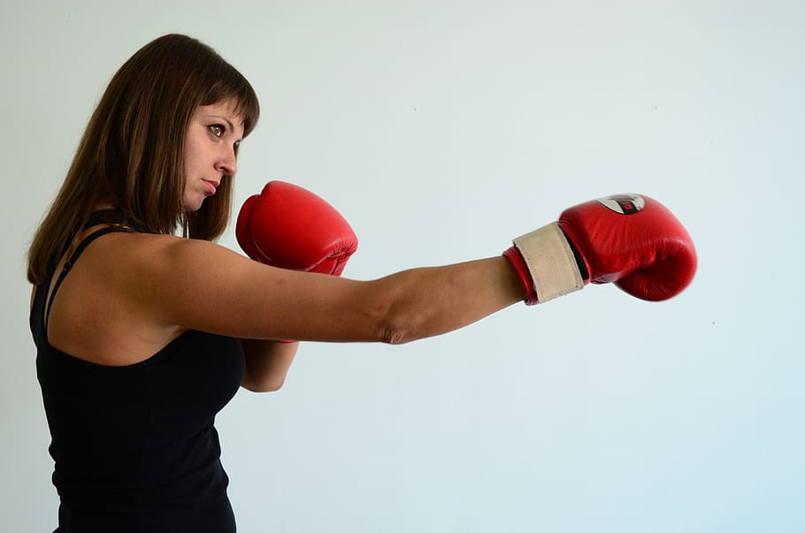 woman wearing red boxing gloves inside room, girl, sports, strong, HD wallpaper