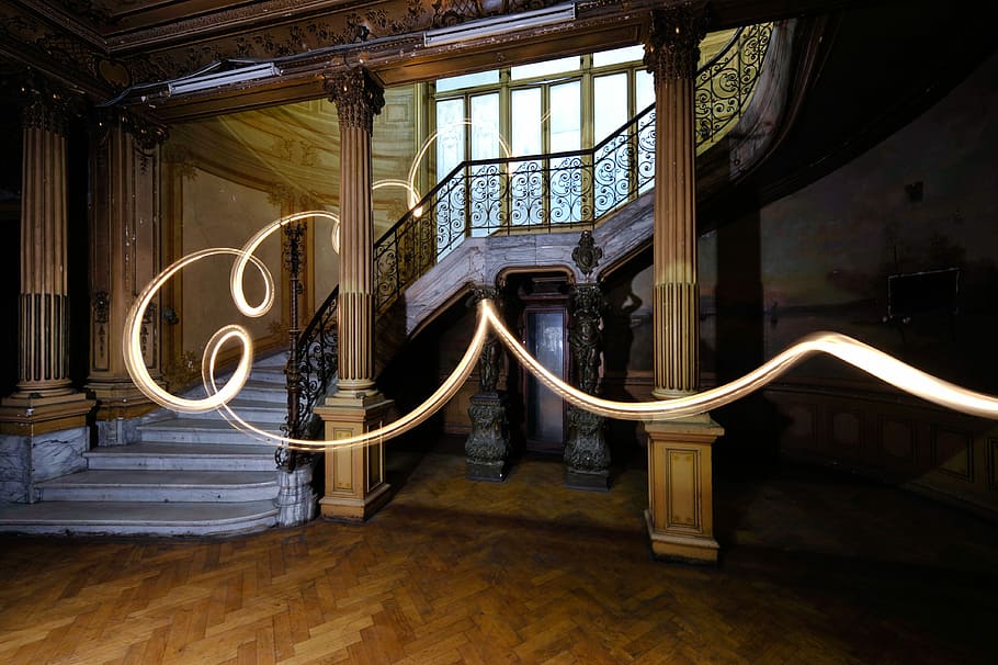 timelapse photo of lights on stairs, timelaps photography of light towards up-stairs HD wallpaper