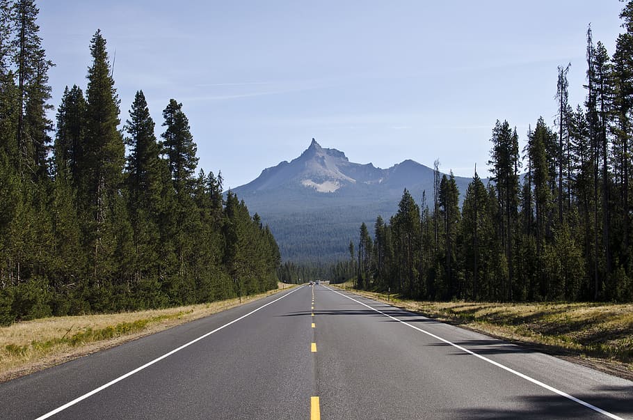 Mt. Thielsen, Oregon, gray road between pine trees, mountain, HD wallpaper