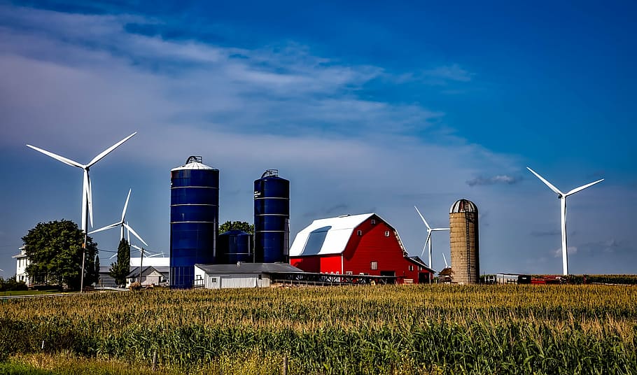 three white wind turbines and blue cilo, iowa, farm, silos, barn, HD wallpaper