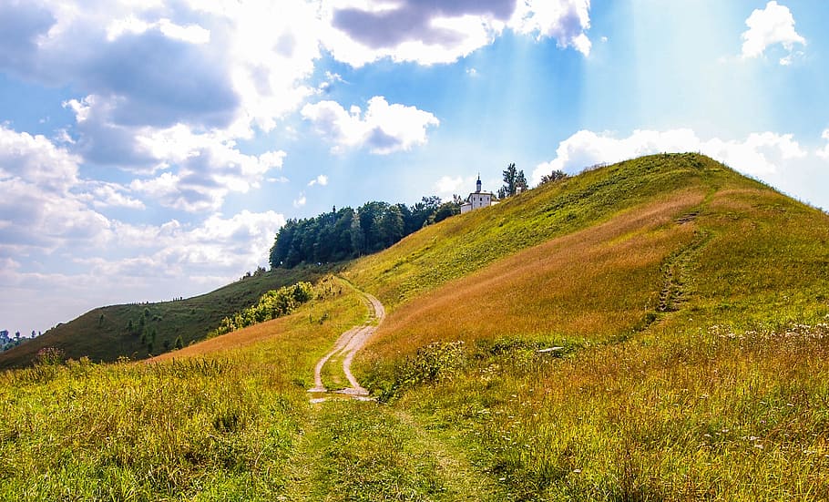 brown walkway on green mountain, beautiful, blue, clouds, day