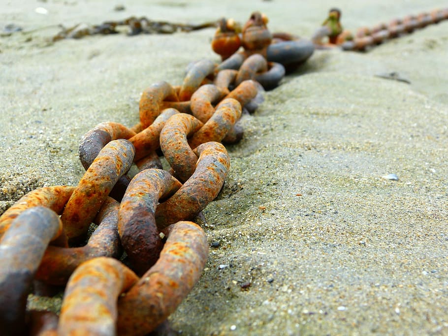 iron chain, metal, stainless, old, links of the chain, sand
