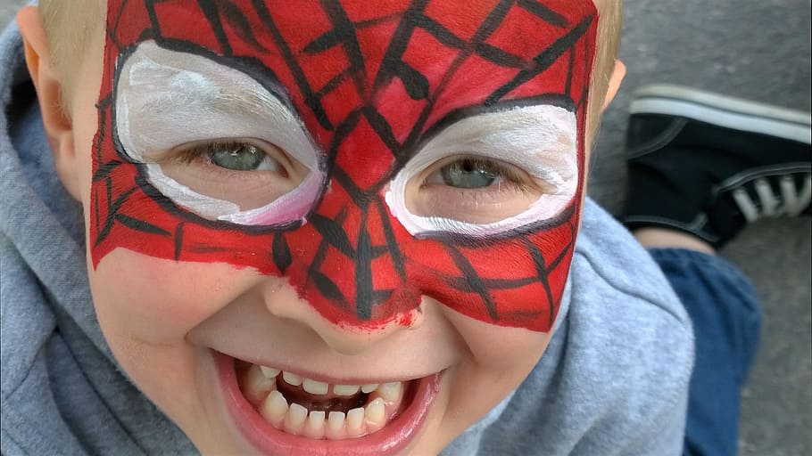 closeup photo of boy with Spider-Man face mask, child, make up HD wallpaper