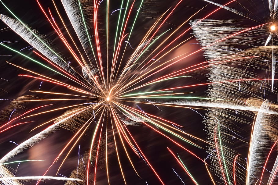steel wool photography of fireworks, red, black, night, firework display HD wallpaper