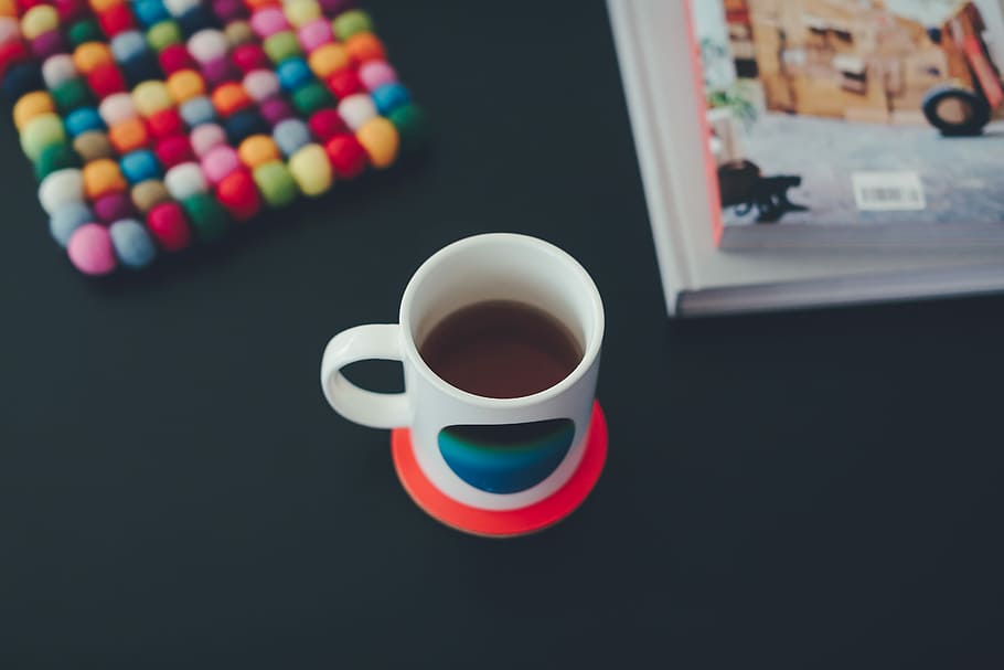 white and blue coffee mug with coffee, ceramic mug filled with brown liquid HD wallpaper