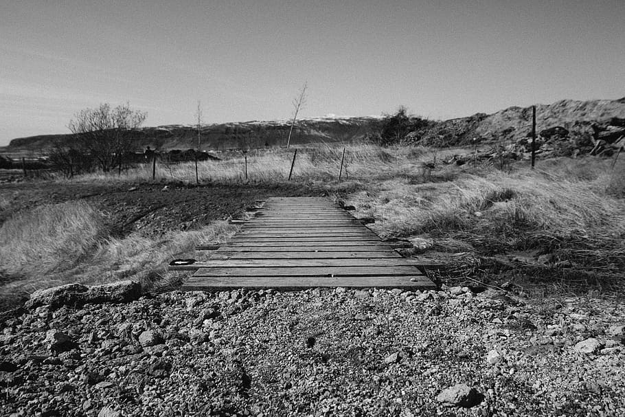 wood, bridge, rocks, dirt, fields, grass, country, land, sky HD wallpaper
