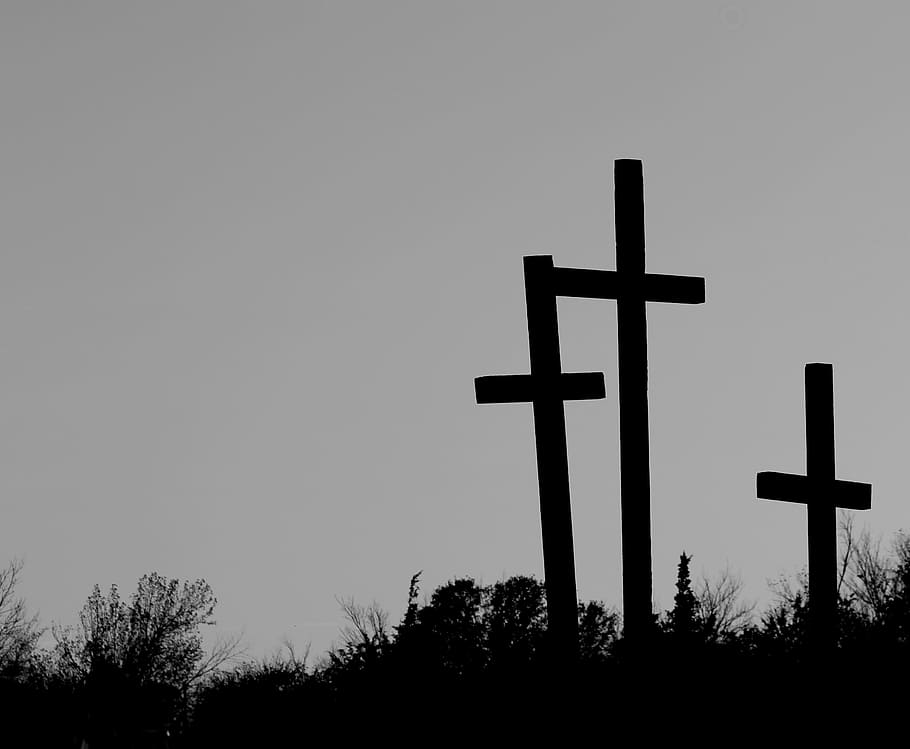 silhouette photography of three cross on ground, trilogy, three crosses, HD wallpaper